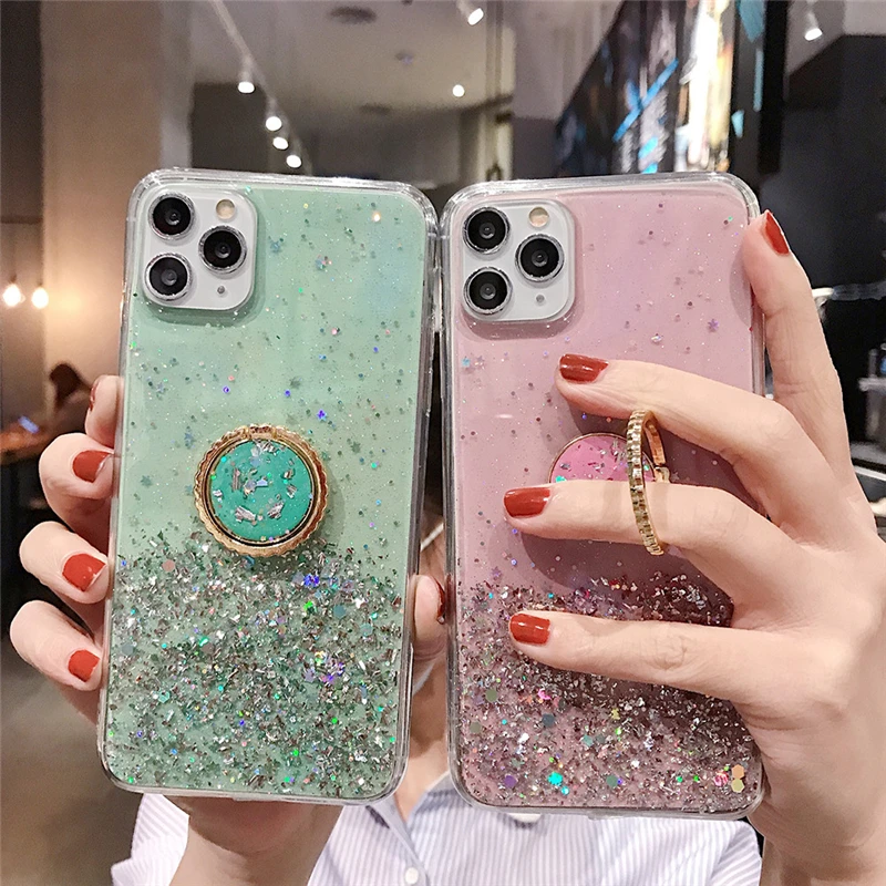 

luxury glitter bling silicone pine case with 360 ring for iphone 11 12 pro max,for iphone 8 plus cover case silicon
