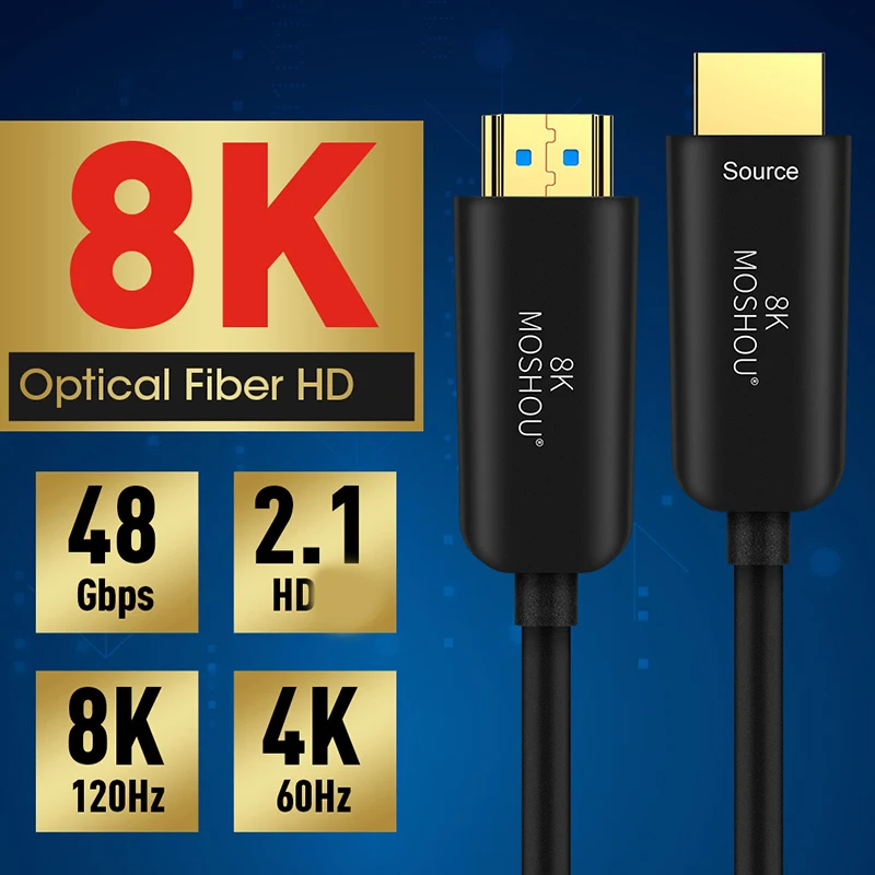 

MOSHOU Optical Fiber Cables HD 2.1 48Gbps Ultra High Speed 8 K 120 Hz HDR 10+, 3D, eARC,, HDCP 2.2, Dolby Atmos Optical Cable