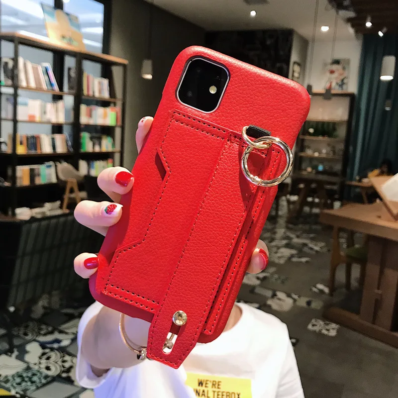 

Newest PU Leather Card Phone Case for iPhone 11 with Holders Wallet Wristband Cover for iPhone XR XS Max SE 2020 8 Plus, 2 colors optional
