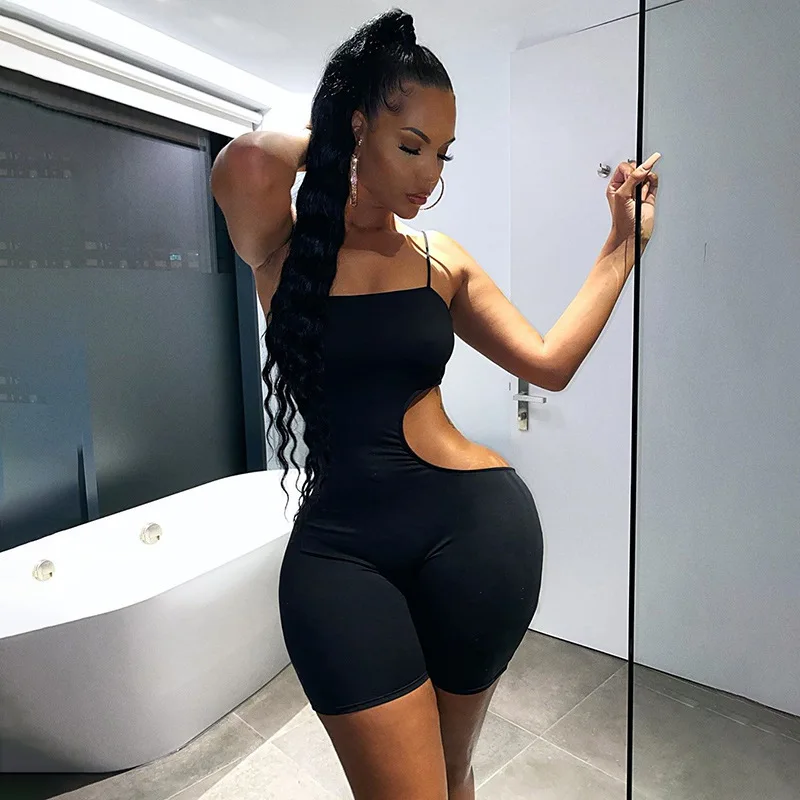 

Summer New off the shoulder hollowed-out Sling shorts ladies jumpsuit rompers women, Black
