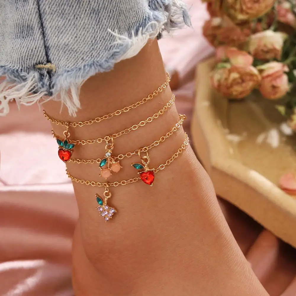 

HOVANCI Lovely Fruit Jewelry Multi layers Gold link Chain Anklets Cute Strawberry Grape Cherry Rhinestone Anklet Bracelets, Gold silver