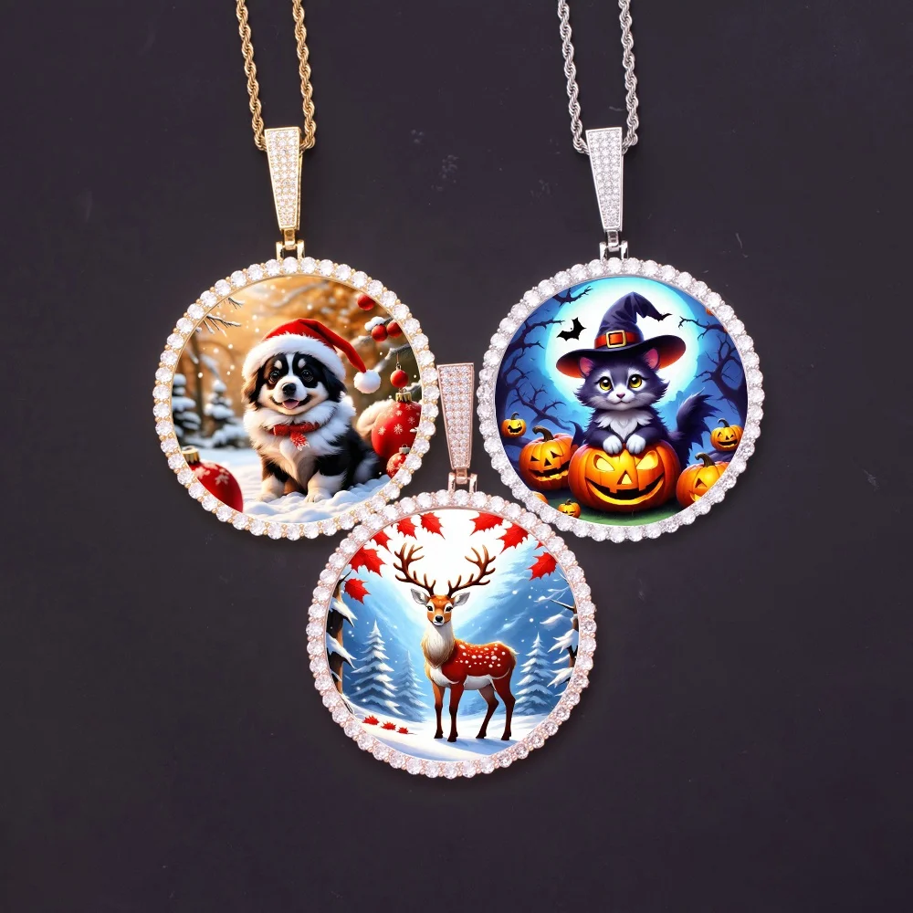 98mm*68mm XL Large Size Brass Golden Plated Hip Hop Photo Memory Pendant Sublimation Zircon Round Picture Frame Necklace Jewelry