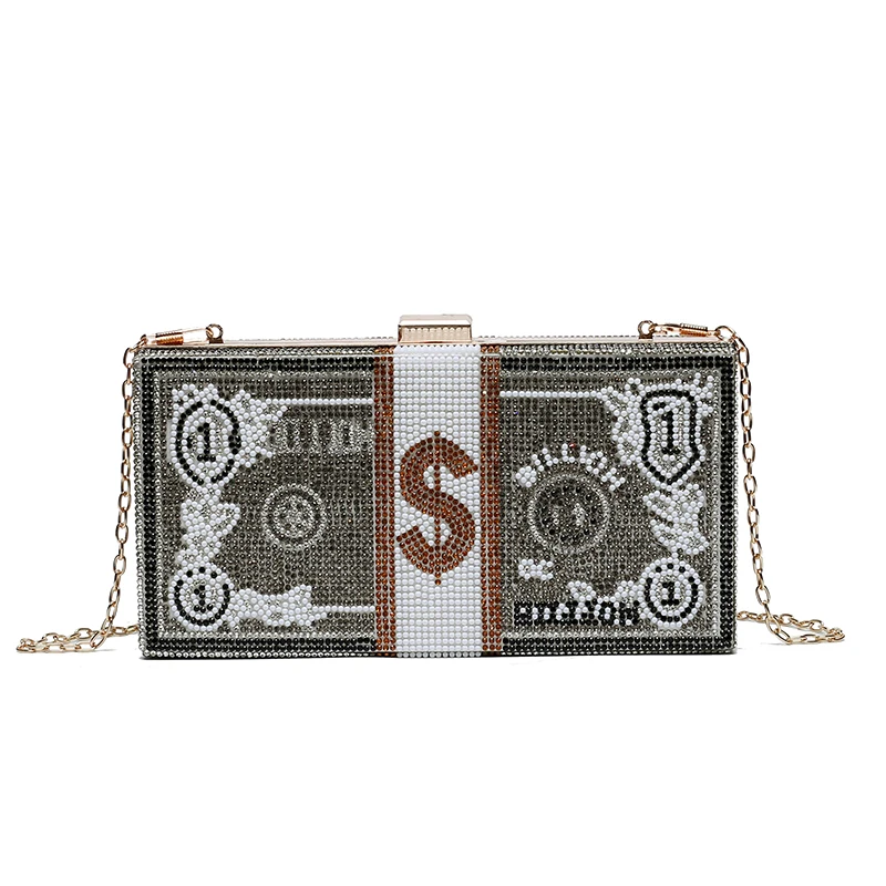 

2021 new design factory best price Wholesale Luxury Money Rhinestone Dollar Party Evening Clutch Bags