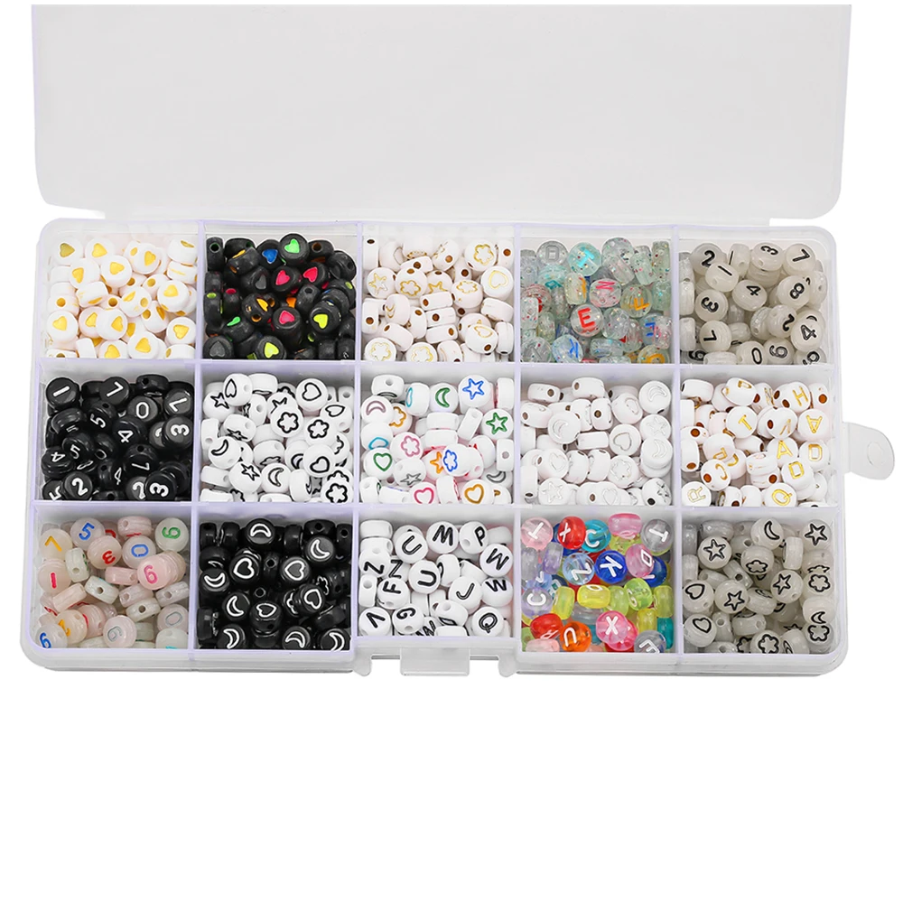 

Mixed Letter Acrylic children's Beads set numbers Pattern and English letters flat boxed 15 Grid For Jewelry Making Diy Bracelet, Colour mixture