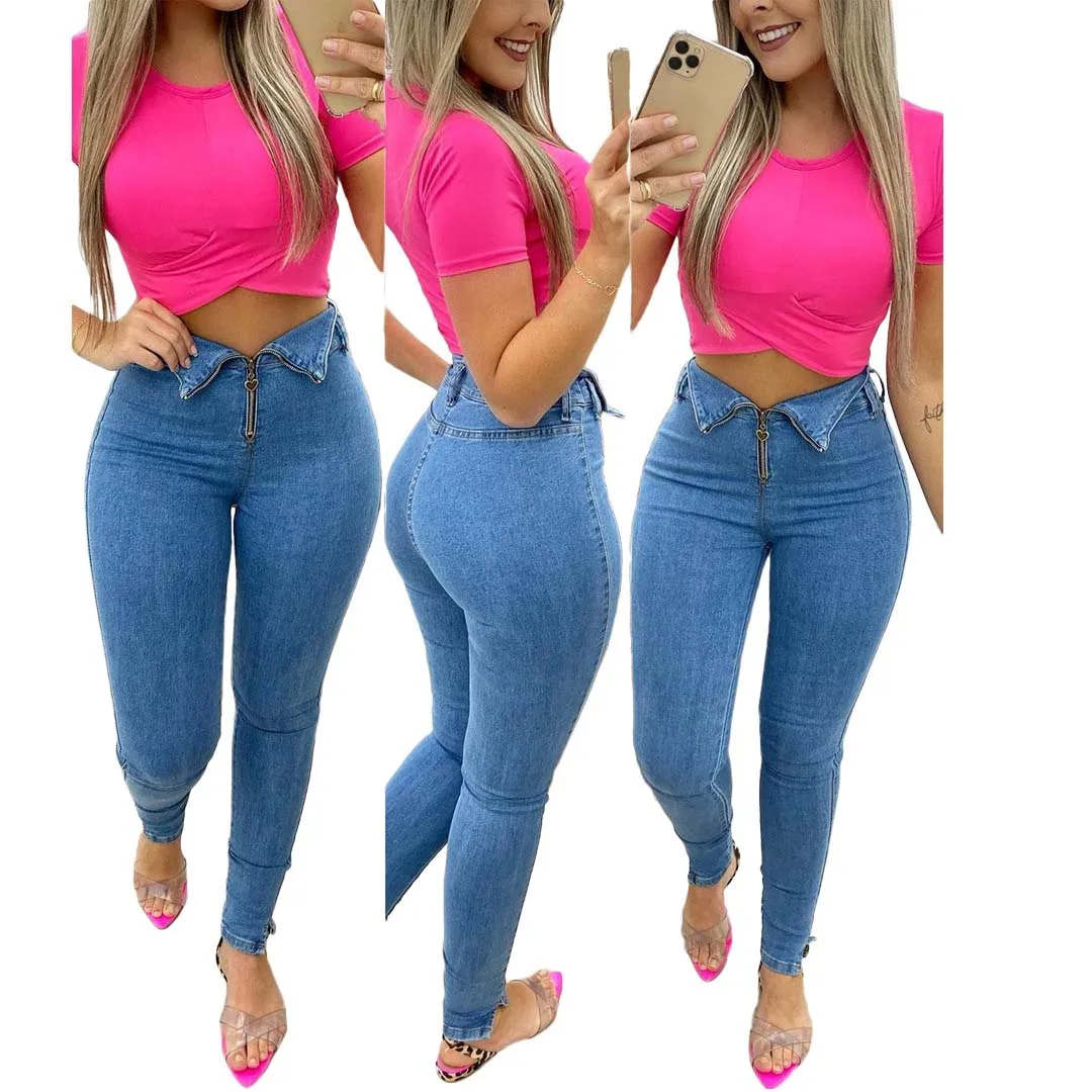 

zipper front stretch blue high waist skinny slim fit denim jean women