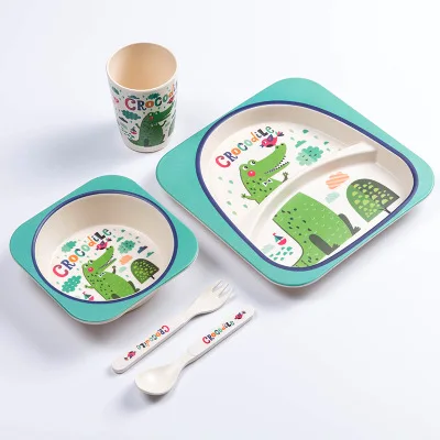 

Eco Friendly Cute Cartoon Kids Feeding Tableware Children Cutlery Plate Bowl Cup Bamboo Fiber Baby Dinnerware Set