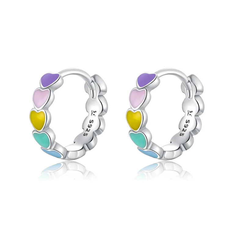 

New 925 Enamel process Rainbow heart Hoop Earrings for Women plated platinum Ear Hoops Female Jewelry bamoer jewelry