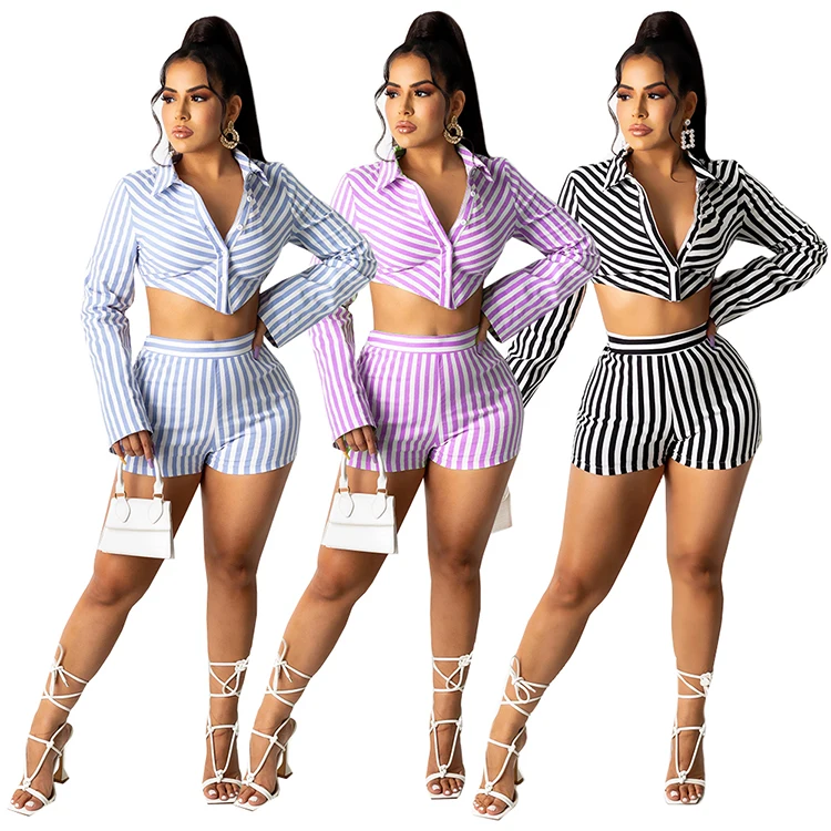 

2021 new arrivals summer stripes long sleeve casual stylish sexy 2 two piece short pants set women clothes outfits clothing