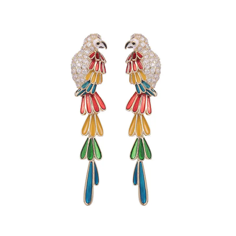 

Gold plated Rhinestone bird stud ear rings for ladies long drop dangle earrings colorful crystal birds earrings
