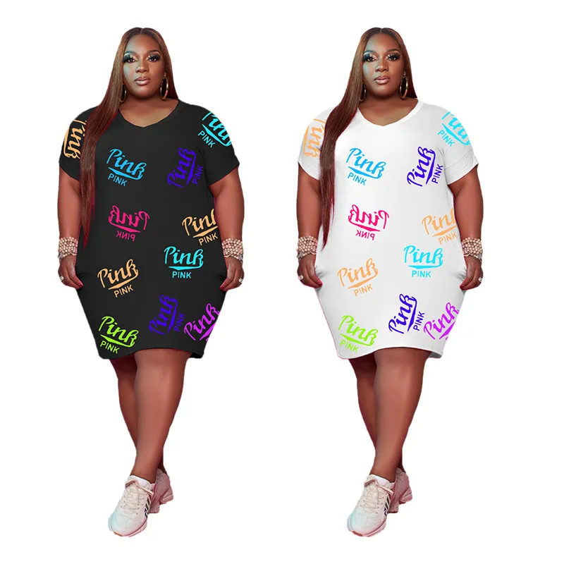 

KX Wholesale fashion ladies summer short sleeve causal dresses letter print tshirt dress plus size women clothing summer 2021