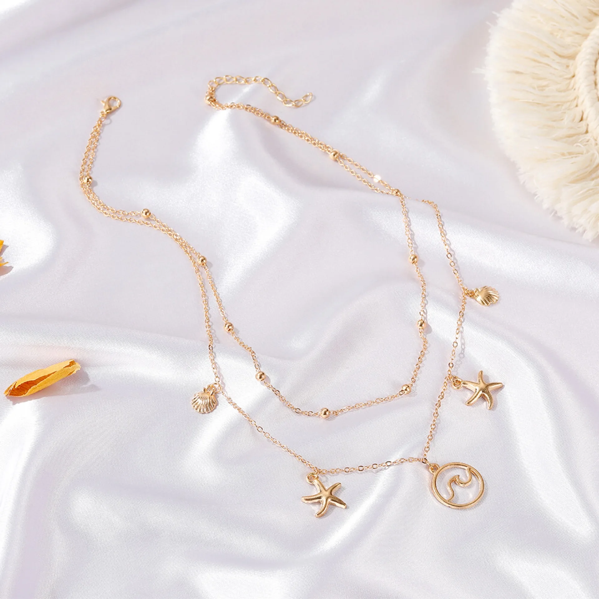 黄金项链首饰双层长款项链吊坠海浪贝壳项链