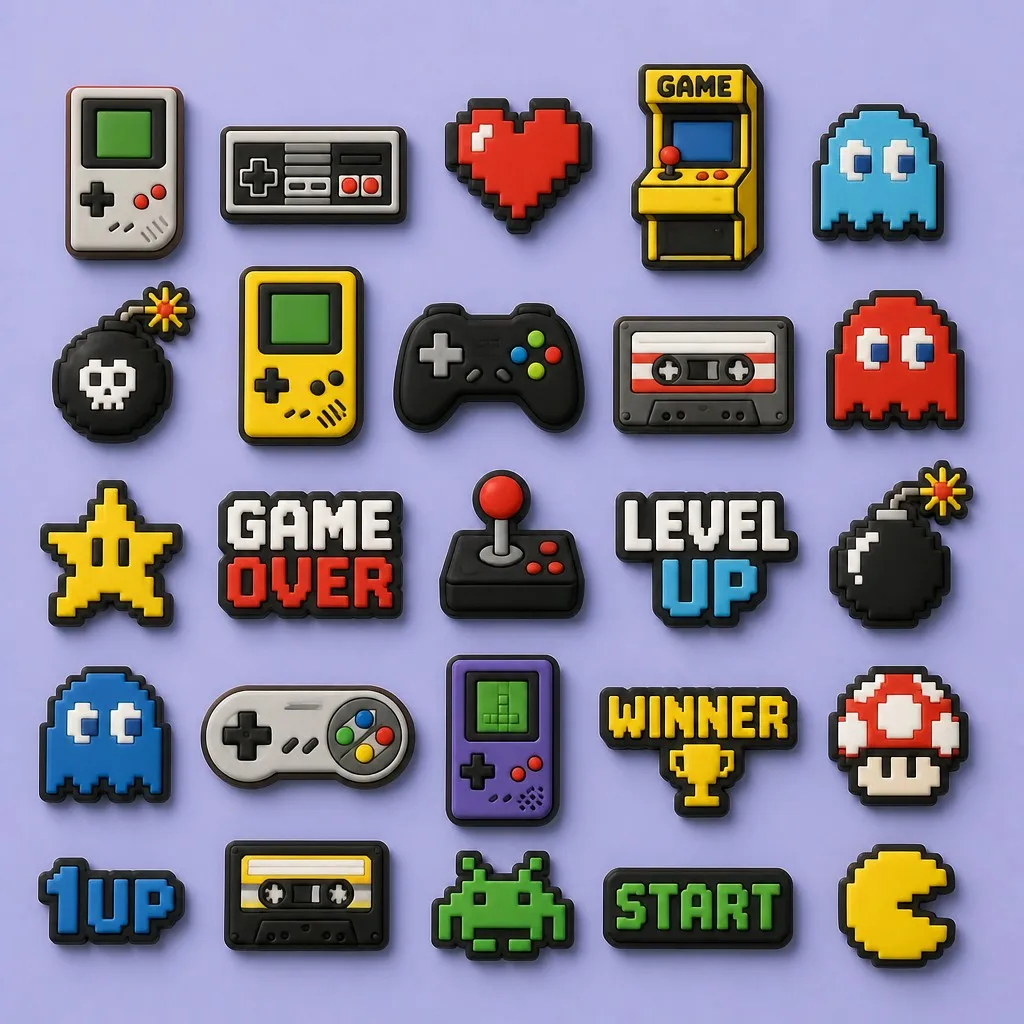 Full 8-bit pixel and retro arcade charm library laid out as a coordinated assortment