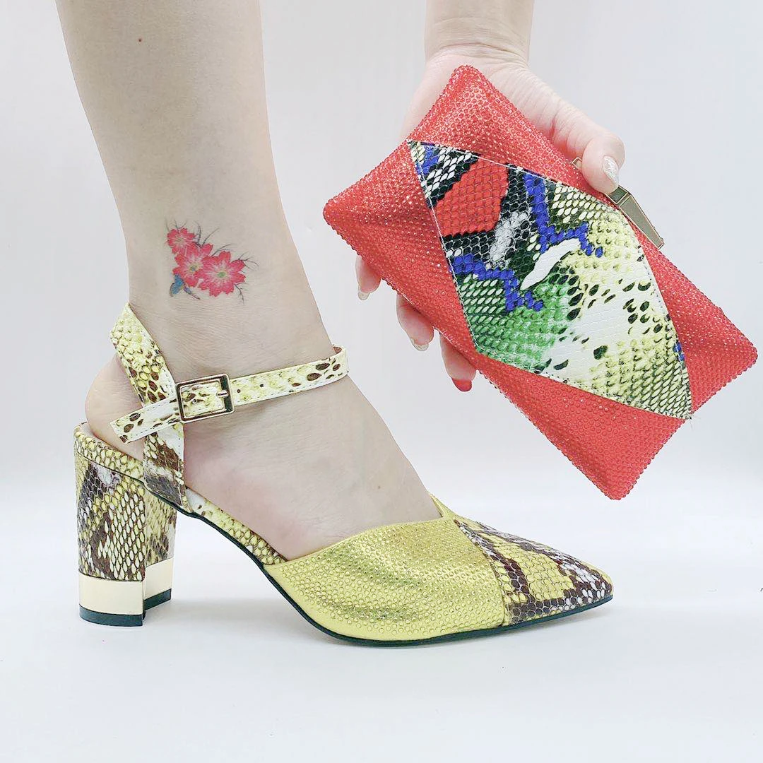 

Snake Pattern African Wedding Party Shoes and Bags Set to Match Wholesale PU Leather High Heels Women Pumps OEM Shoe Purse Set