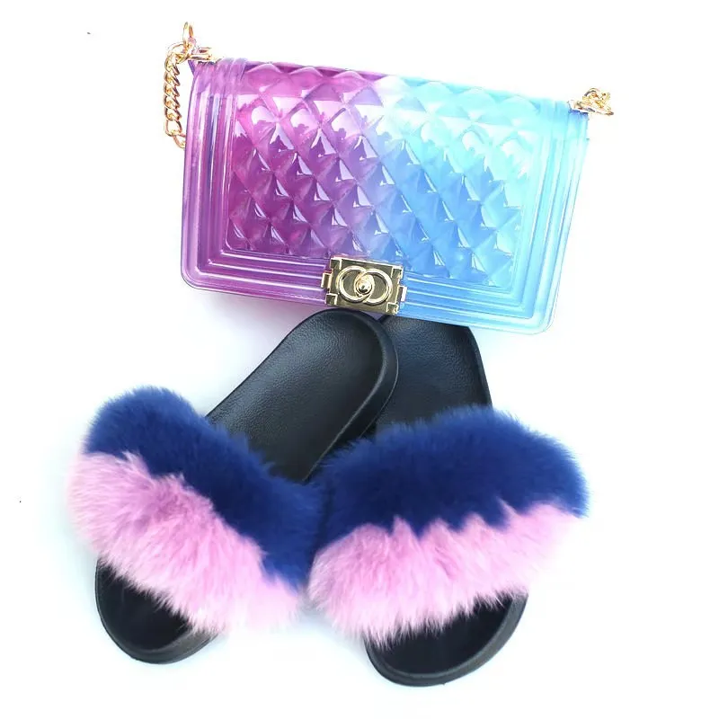 

reliance china supplier Beautiful design fur slippers and handbag real fox fur slippers and jelly bag adult plush fur slippers