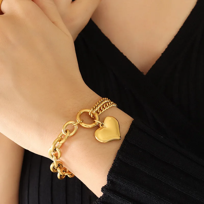 

Minimalist Cuban Chain Bracelet Double Chain Heart Pendant Bracelet 18K Gold Plated Stainless Steel Bracelet For Women