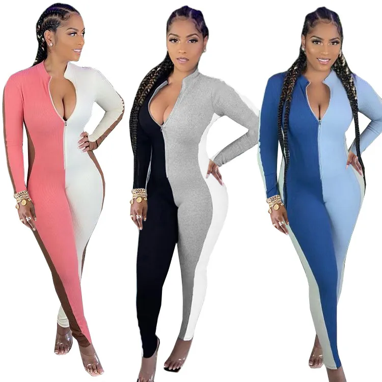 

Hot Sale Casual Ladies Full Body Rompers Long Sleeve Zipper Patchwork Spring Women Skinny Jumpsuits