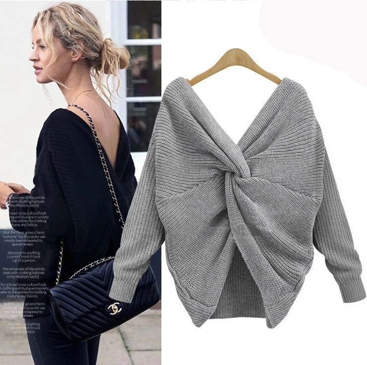 

New V-neck knotted cross back sweater Fashion Casual Long Sleeve women sweater