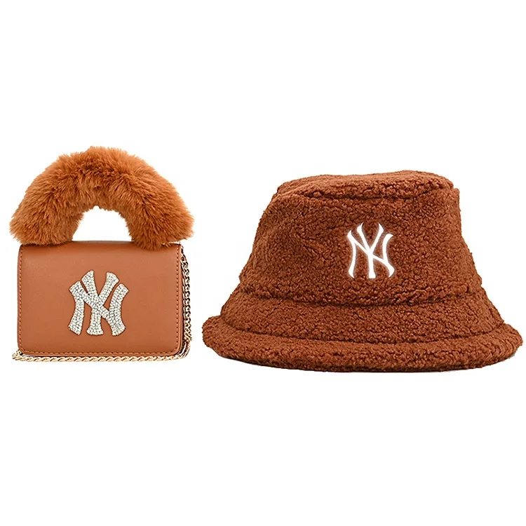 

highest quality handbag new york purse and bucket hat set fashion ny knitted fur hat and purse set, 7 color options