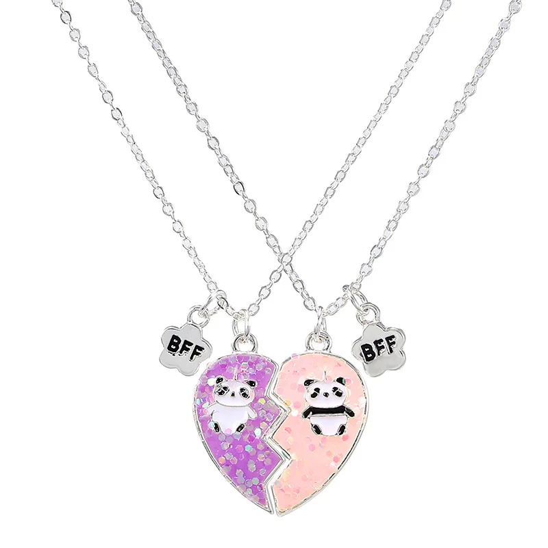 

New Design Silver Kids Best Friend For 2 Jewelry Sets Rainbow Glitter Enamel Magnet Heart Panda Pendent Necklaces, Multi