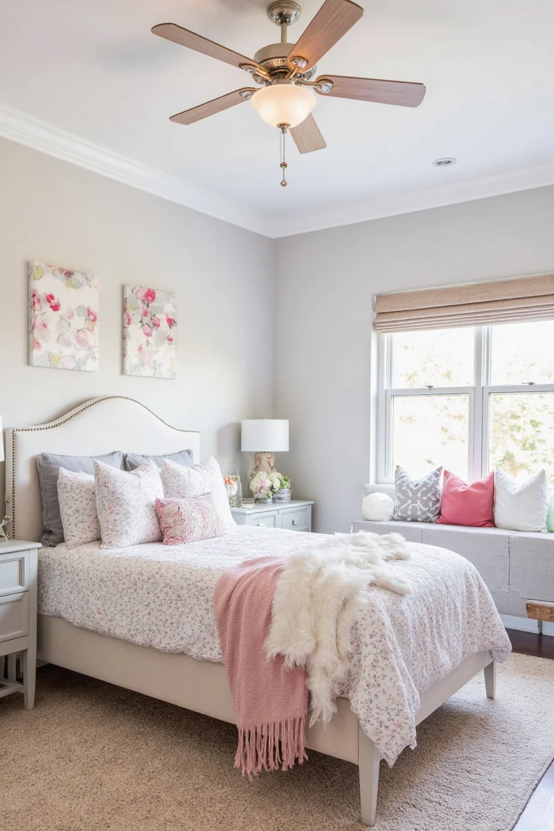 Cozy layered bedding in soft pastel tones