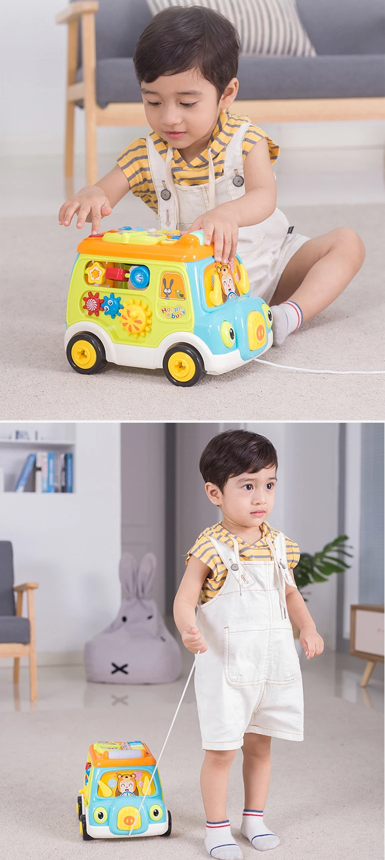 Cartoon plastic educational school bus playing toy bus for kids with light and music