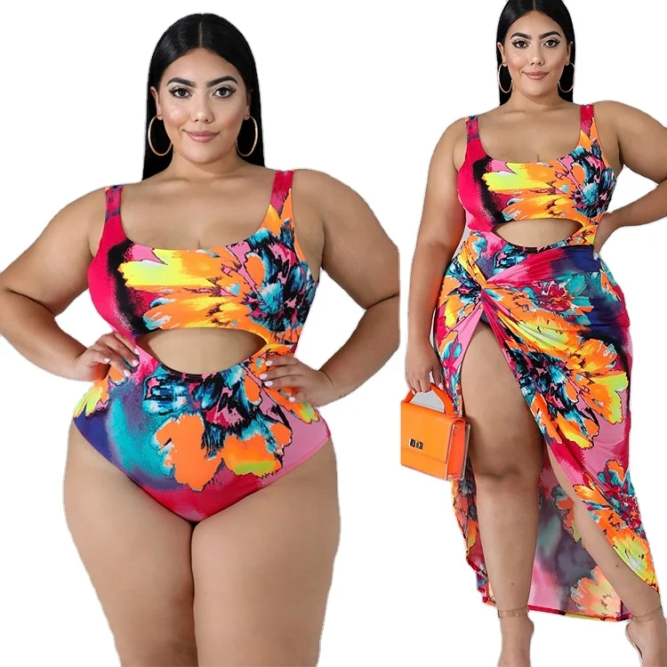 

5XL 2021 Swimsuits Plus Size One-Piece Print Ladies Swimsuit with Cover Ups 2 Piece Swimsuits for Women