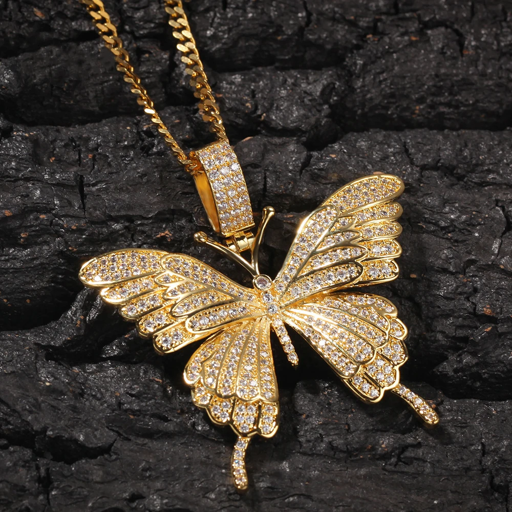 

New micro setting zircon Butterfly Pendant hiphop hip hop rap trend men's Necklace