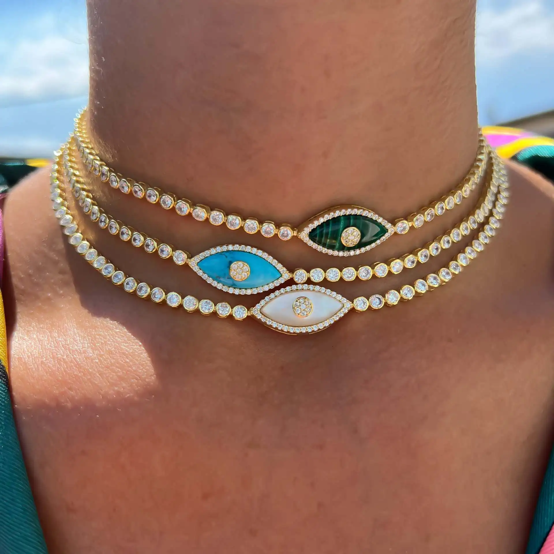 

G2359 Wholesale Collier Stainless Steel 18K Gold Plated Diamond Choker White Shell Blue Turquoise Devil Eye Jewelry Necklaces