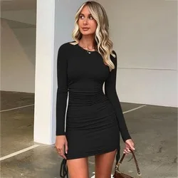 

Hot Sale Double Side Drawstring Dress Long Sleeve O Neck Sexy Bodycon Autumn Party Club Dress for Women