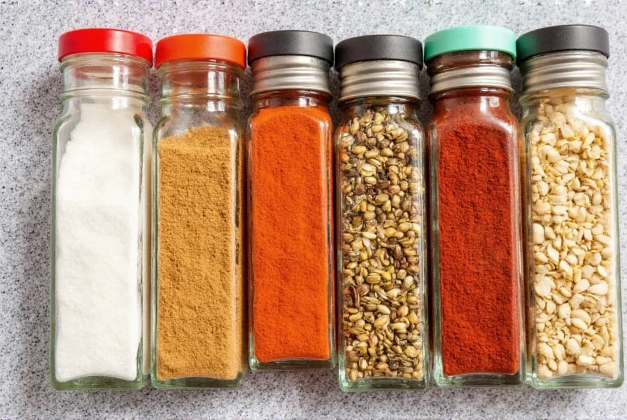 Wooden spice rack with various spices