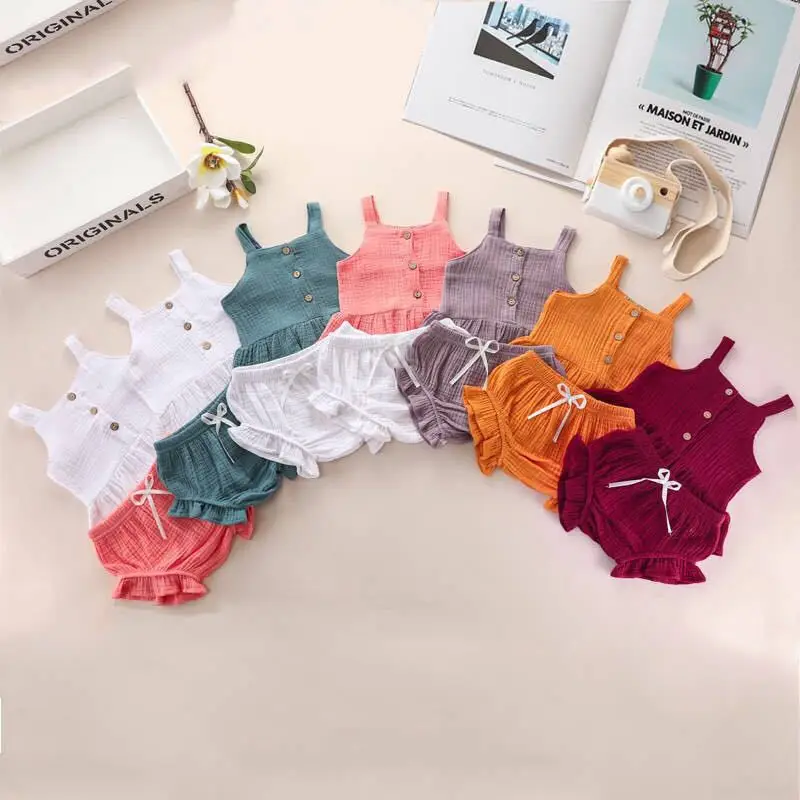 

Adorable Baby Girls Summer Gauze Set Muslin Cami Ruffle Tops Bloomers 2PCS Outfits