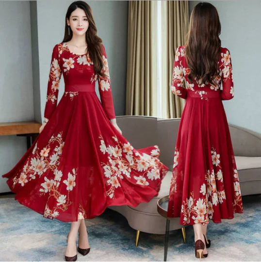 

2020 new Korean women's clothing popular spring temperament long sleeve chiffon dress mid-length floral skirt