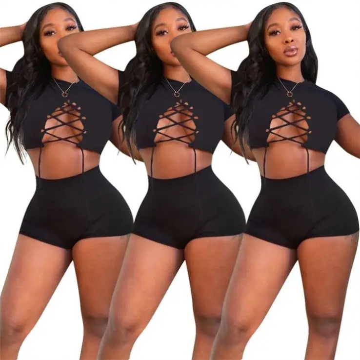 

MISS New Style Summer Black Two Piece Crop Top Eyelet Bandage Women Casual Short Sleeve Two Piece Shorts Set