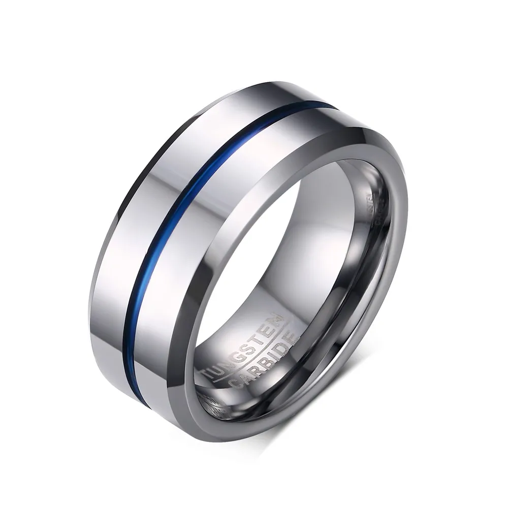 

In Stock Finger Jewelry Wholesale High Polished Edge Comfort Fit 8mm Tungsten Carbide Ring Men Wedding Band, Blue line, gray line, gold line, black, silver