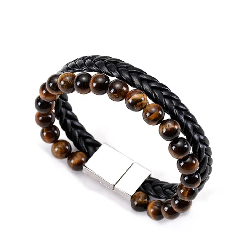 Women men tiger eye stones beaded leather braided wristband multilayer bracelet with magnetic clasp