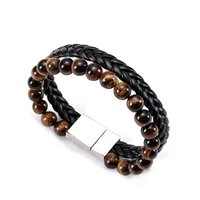

Women men tiger eye stones beaded leather braided wristband multilayer bracelet with magnetic clasp