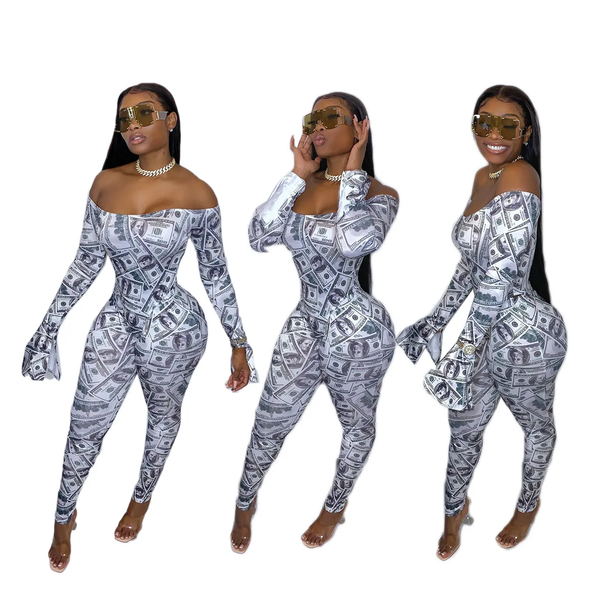 

Amazon/AliExpress 2020 Fall Hot Sell women's long sleeve off-the-shoulder money print two piece set, Picture