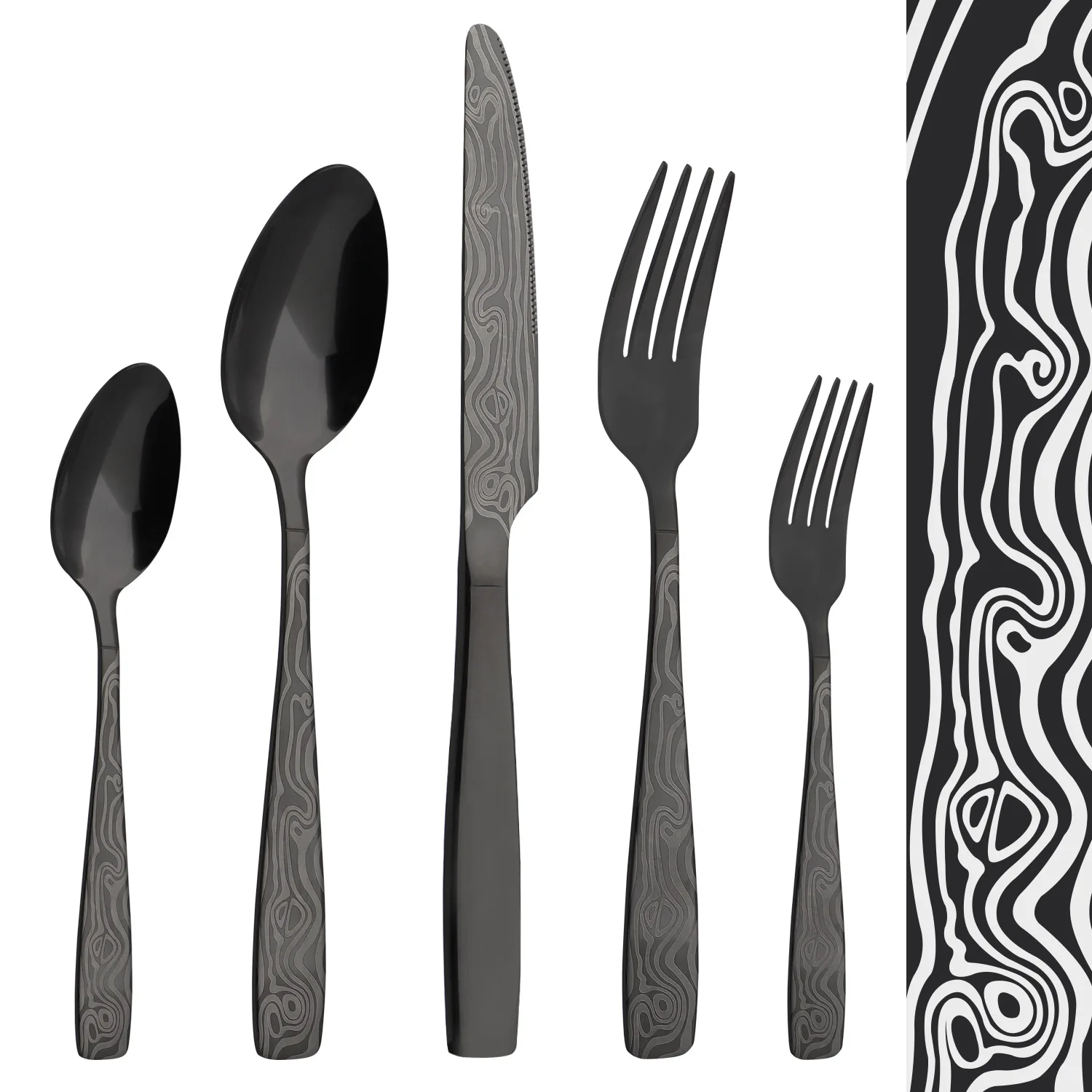 

20 pcs PVD Black laser pattern fork spoon stainless steel cutlery restaurant fork knife spoon sets