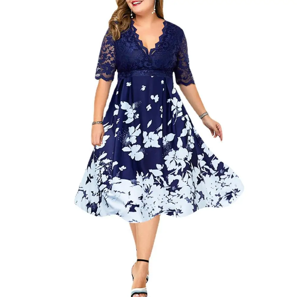 

High Quality Women's Plus Size Dress Spring Short Sleeve Fashion Elegant Printing Ladies Dress, Blue