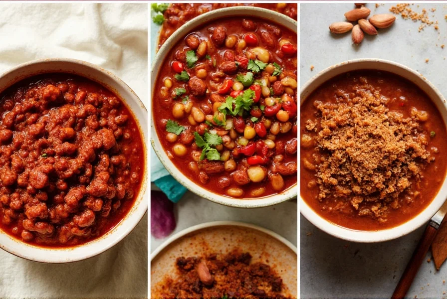 Three bowls of Texas chili showing regional variations: thick San Antonio style, coffee-infused Austin style, and coarse West Texas style