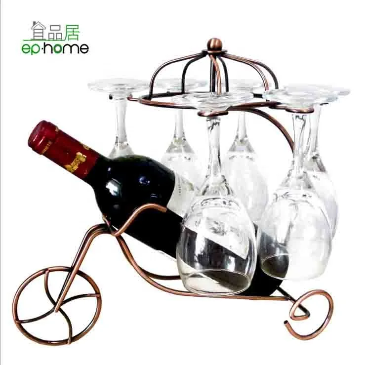 

Metal Tricycle Wine Glass Hanger Hold 6 Glasses Bottle Stand Stemware Rack Holder Bracket Bar Kitchen Tabletop Decor Gift Craft, Gold and coppery.