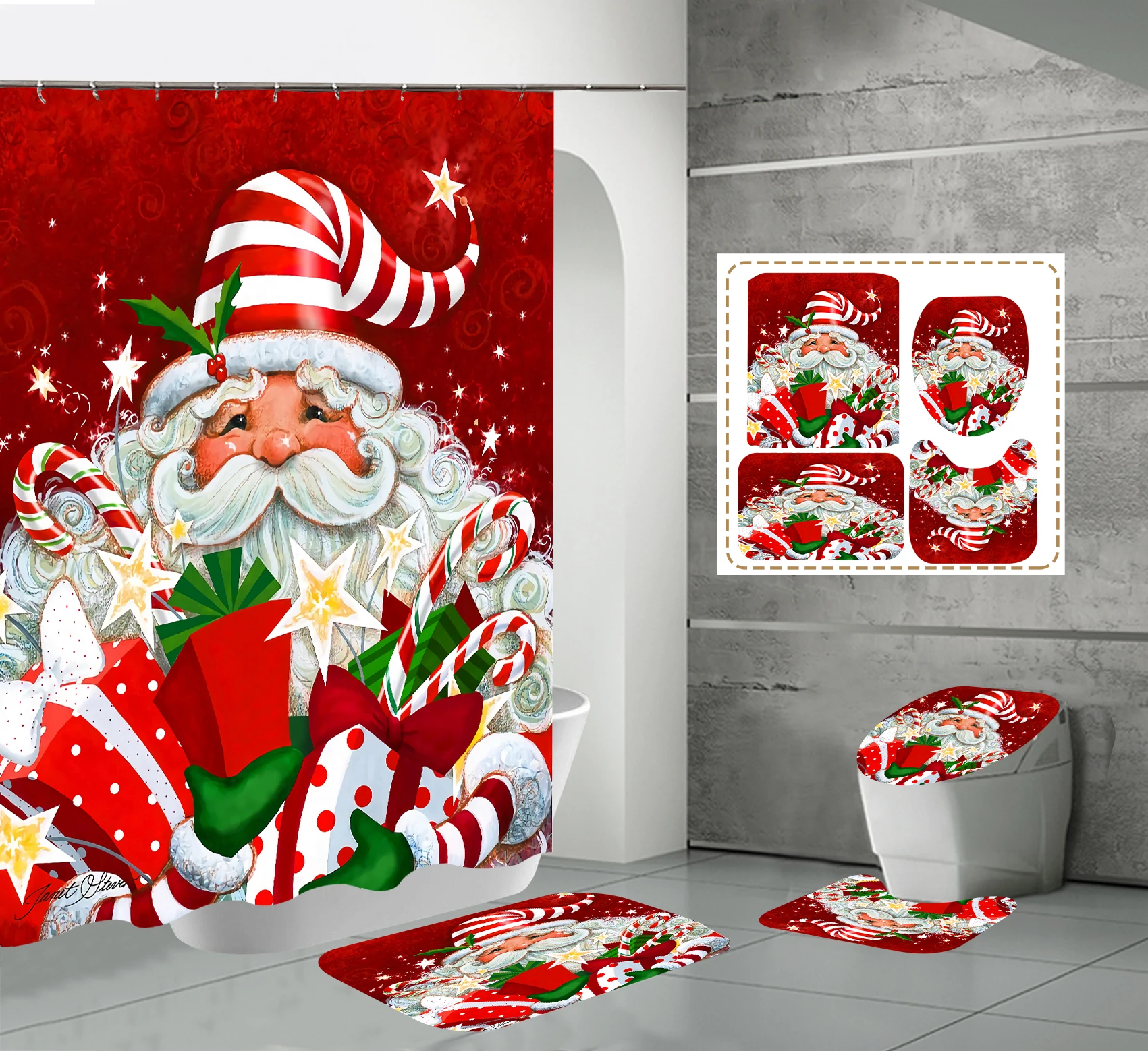 

Custom Digital Printing Waterproof Polyester Santa Christmas Pattern Series 4 Piece Bathroom Shower Curtain Sets, Accept customized color