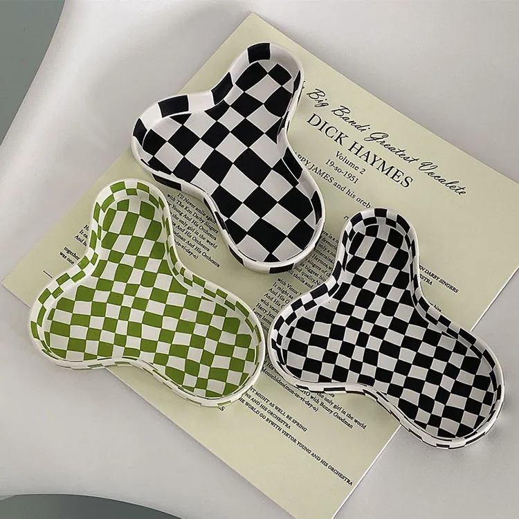 

Cutelife Nordic Black Green Checkerboard Ceramic Dishes Plates Restaurant Dinnerware Porcelain Plates For Home Decor, Black ,green, beige and brown