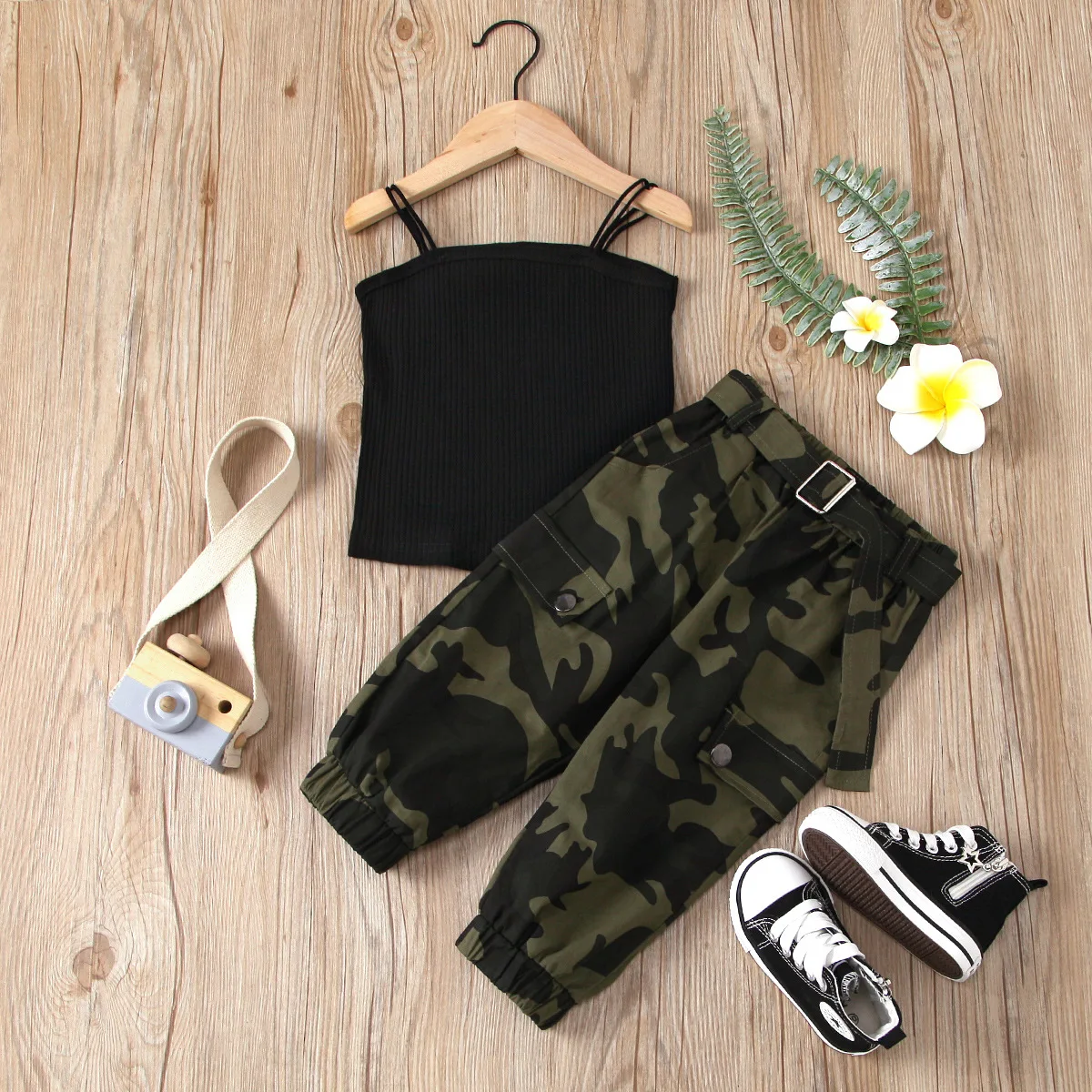 

2021 2-7Y Fashion Summer Kids Girls Clothes Sets Solid Black Sleeveless Vest Tops Camouflage Print Long Pants 2pcs Suit, As pic shows, we can according to your request also