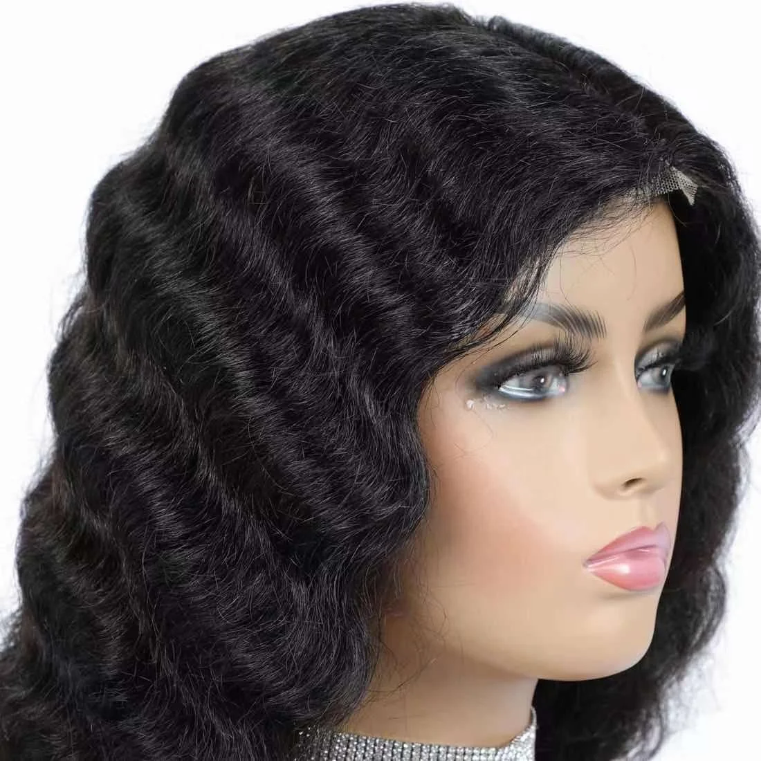 

LK good quality natural black water ripple 100% Brazilian Virgin hair qceanloosedeepwave Swiss small lace human hair wig