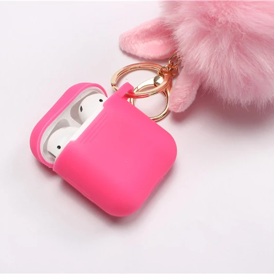 

Protective Case For AirPods Earphone Pouch Drop Proof Silicone Cover Cute Fur Ball Keychain, As pictures