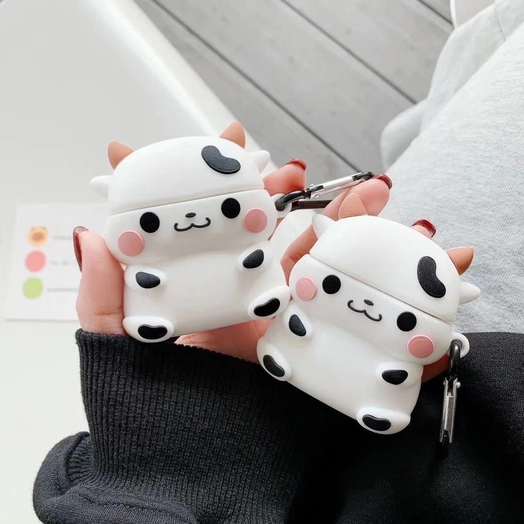 

3D Cartoon Cow Pattern Silicone Earphone Case With Keychain For AirPods 1 2 pro 3