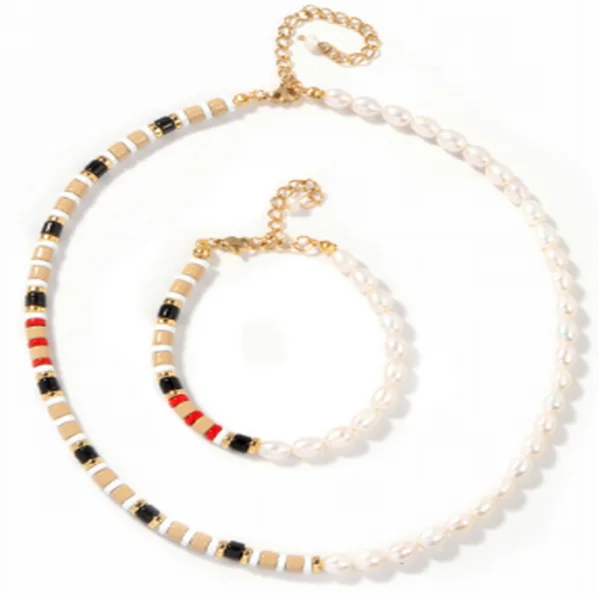 

High Quality Miyuki Tile Jewelry Set Rainbow Enamel Tube Bead Freshwater Pearl Tile Choker Necklace For Women