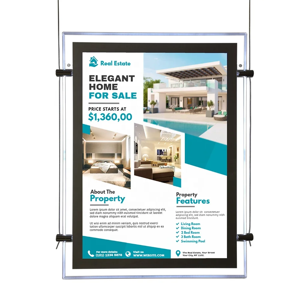 Rectangle Hanging System LED Display 10000 Lumens Ultra Slim Durable Power-Saving Eco-Friendly Indoor Shop Signage Acrylic Frame