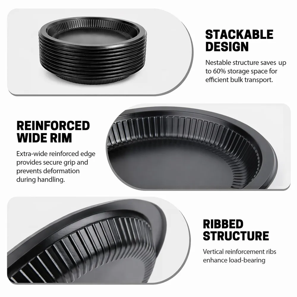 Three structural features of heavy duty black PP plates: nestable stackable design, reinforced wide rim, and vertical ribbed structure